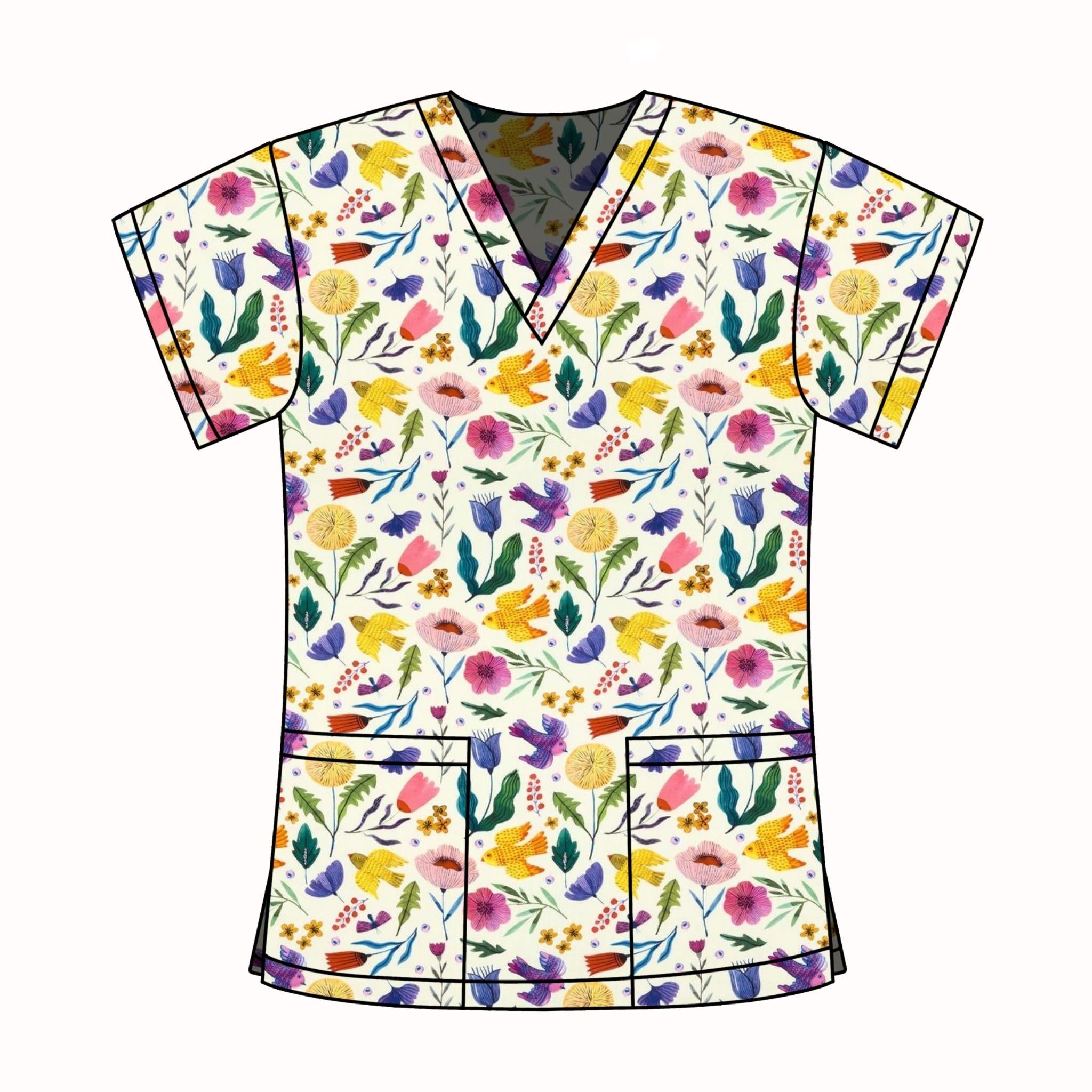 CREAM BIRDS & FLORALS SCRUB TOP