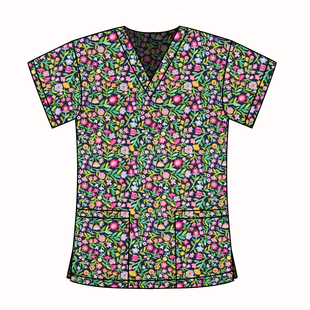 MIDNIGHT FLORALS SCRUB TOP