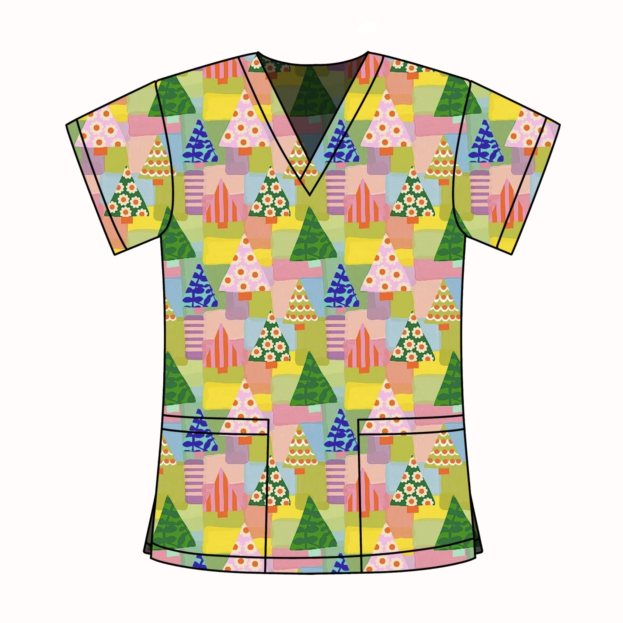 XMAS TREE PATCHWORK SCRUB TOP