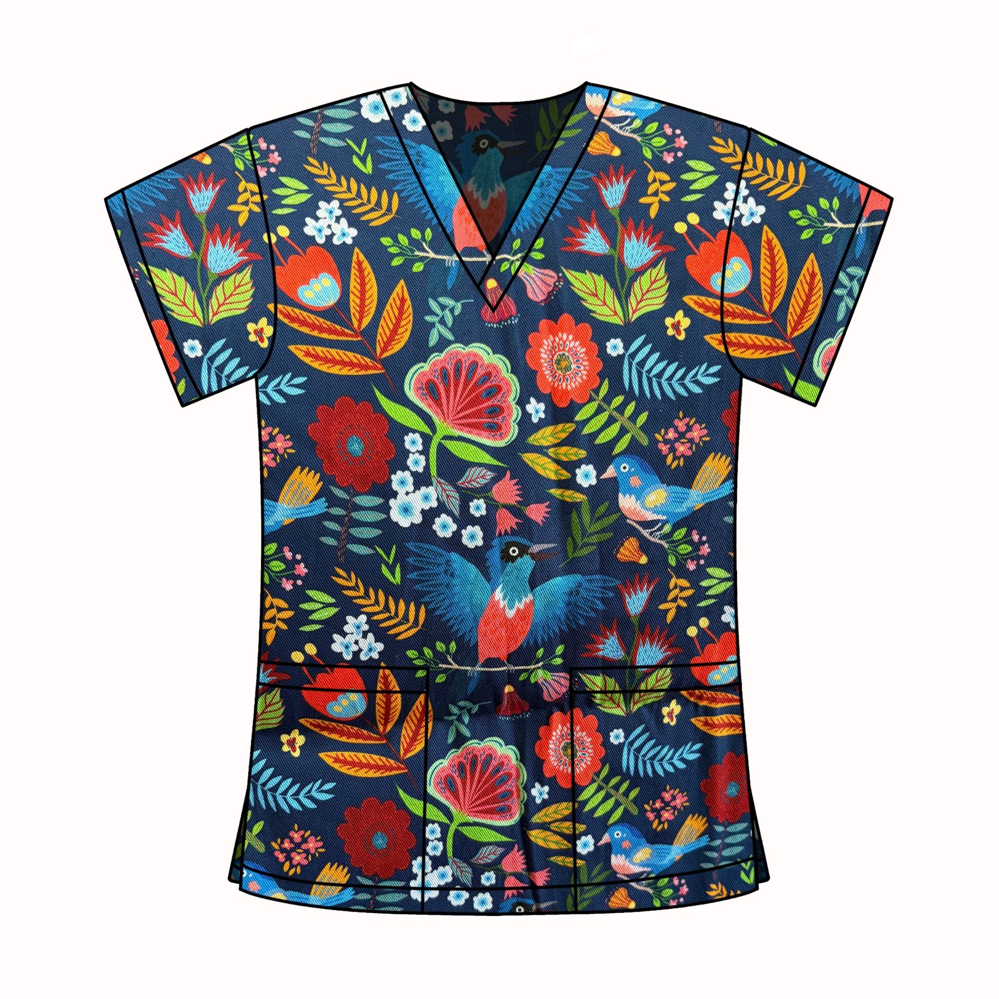 NAVY BIRDS & FLORAL SCRUB TOP