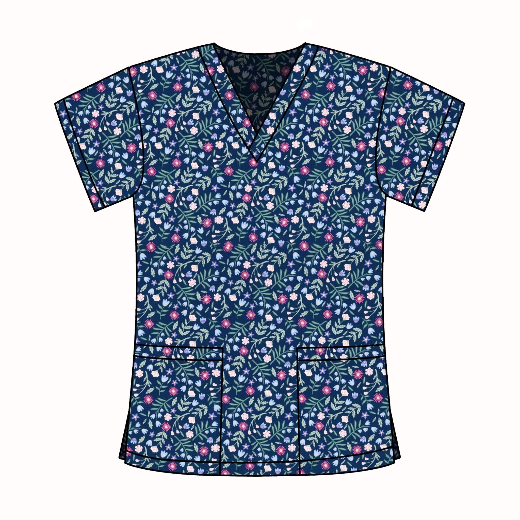 NAVY FLORAL SCRUB TOP