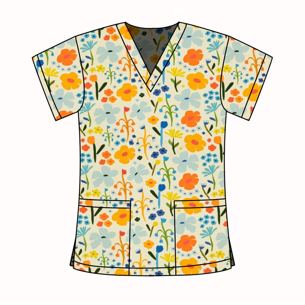 CREAM FLORAL SCRUB TOP