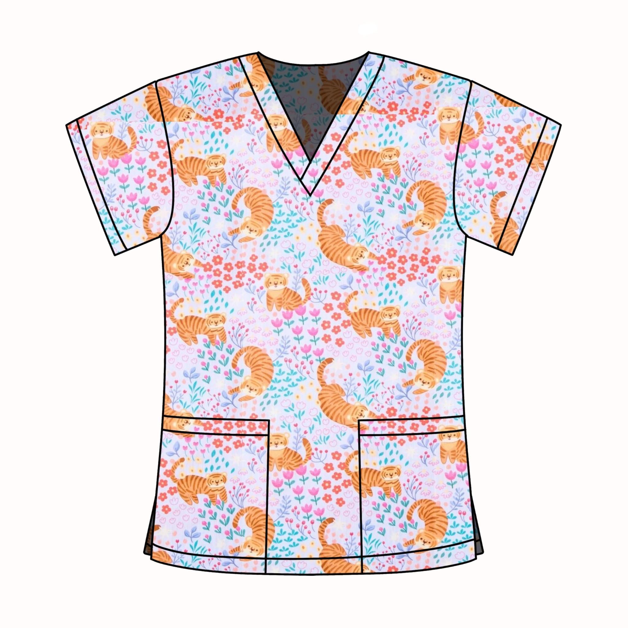 SPRING TIGERS SCRUB TOP