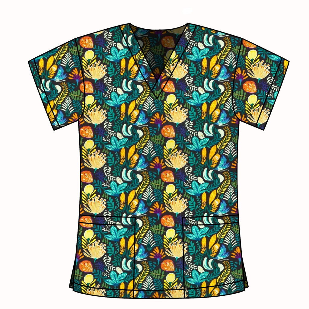 NAVY AUSTRALIANA FLORAL SCRUB TOP