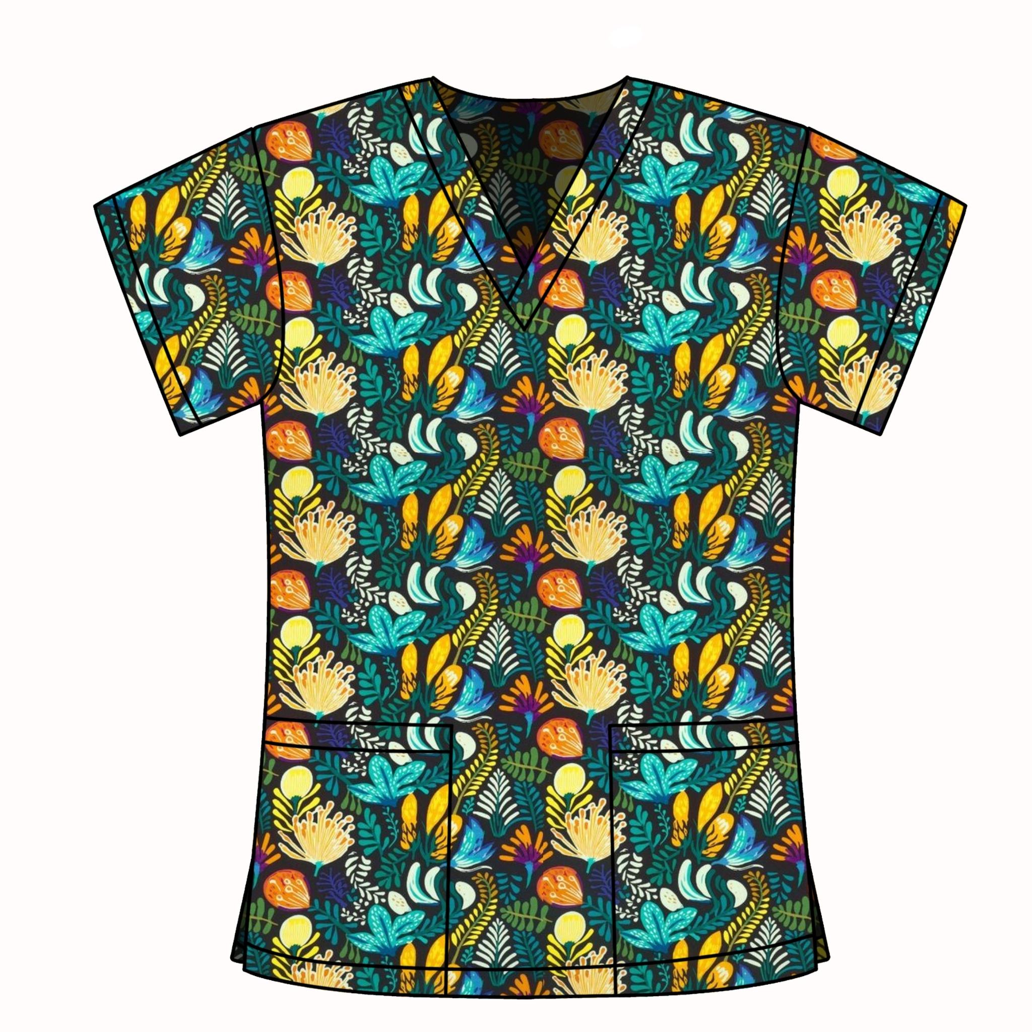 NAVY AUSTRALIANA FLORAL SCRUB TOP