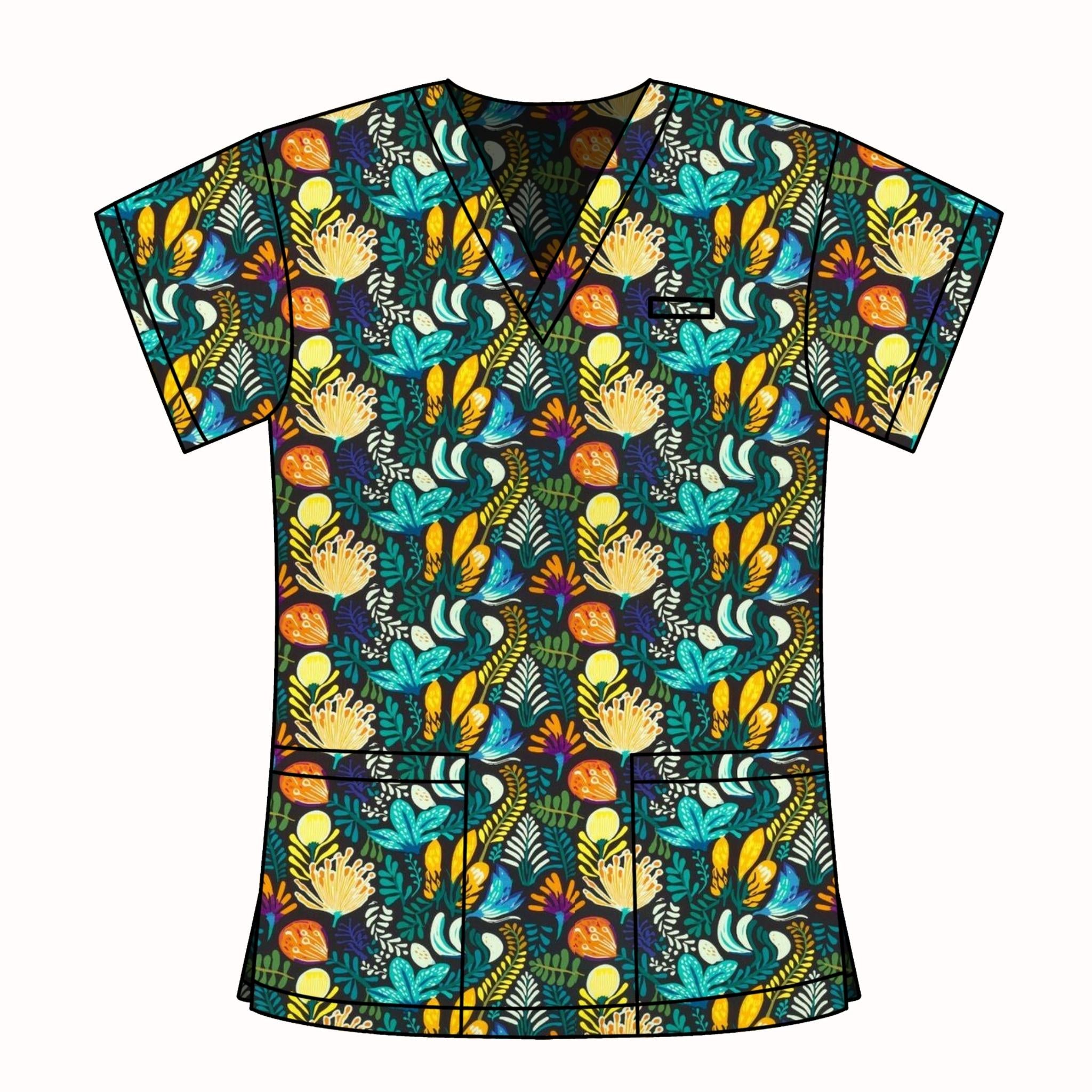 NAVY AUSTRALIANA FLORAL SCRUB TOP