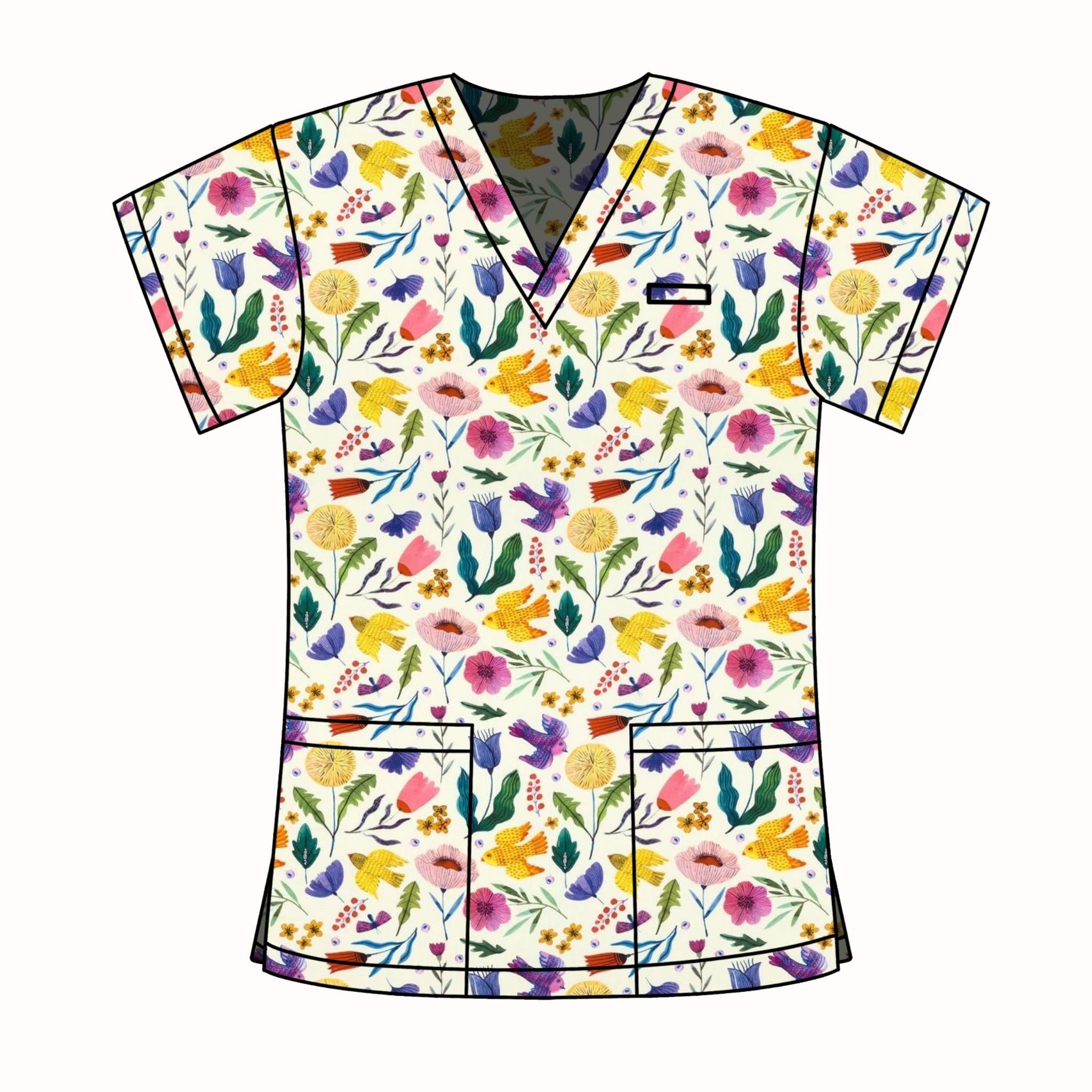 CREAM BIRDS & FLORALS SCRUB TOP