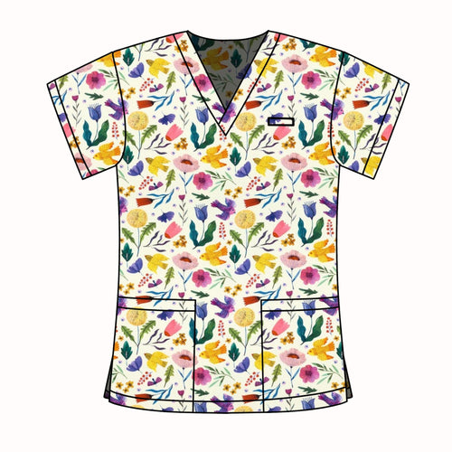 CREAM BIRDS & FLORALS SCRUB TOP