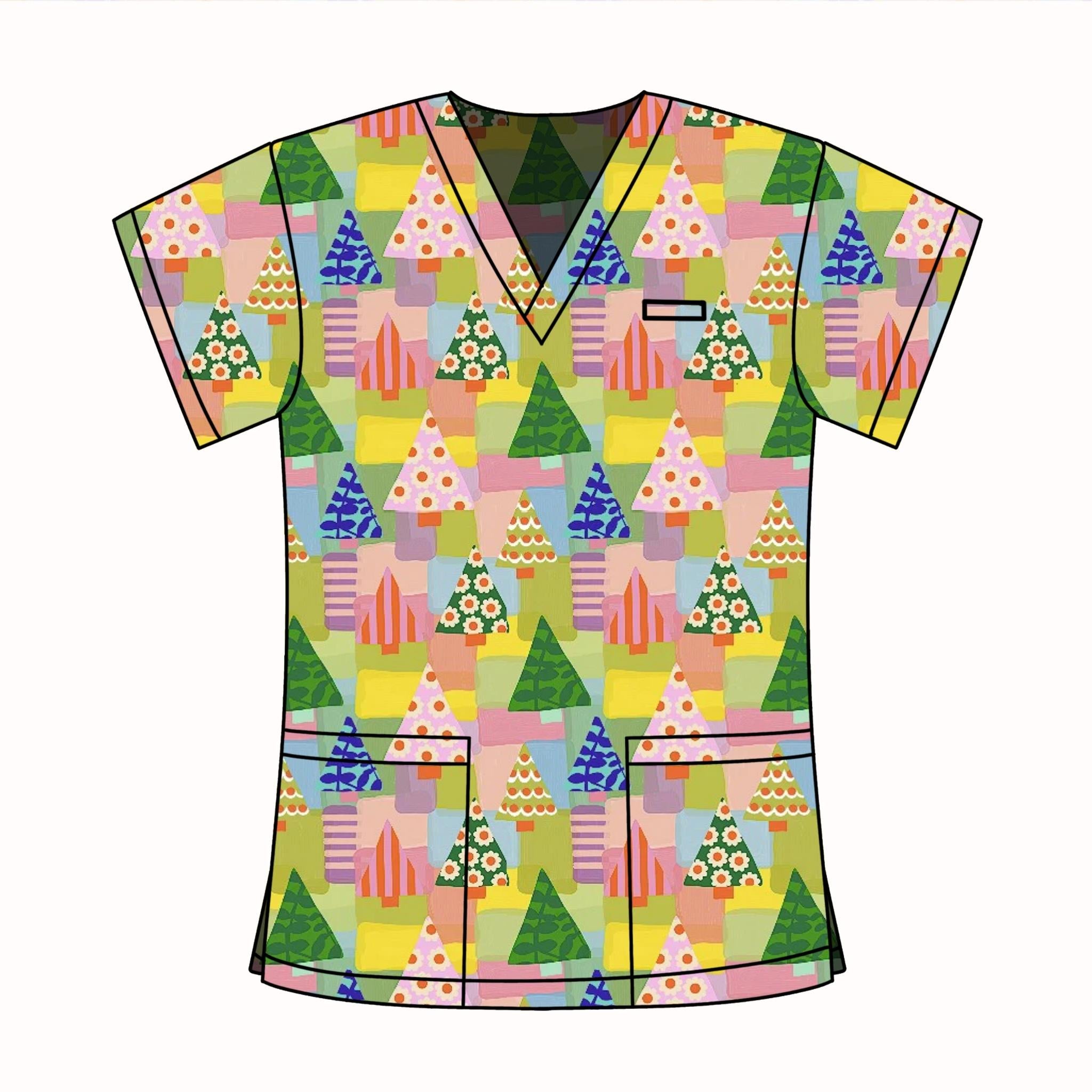 XMAS TREE PATCHWORK SCRUB TOP