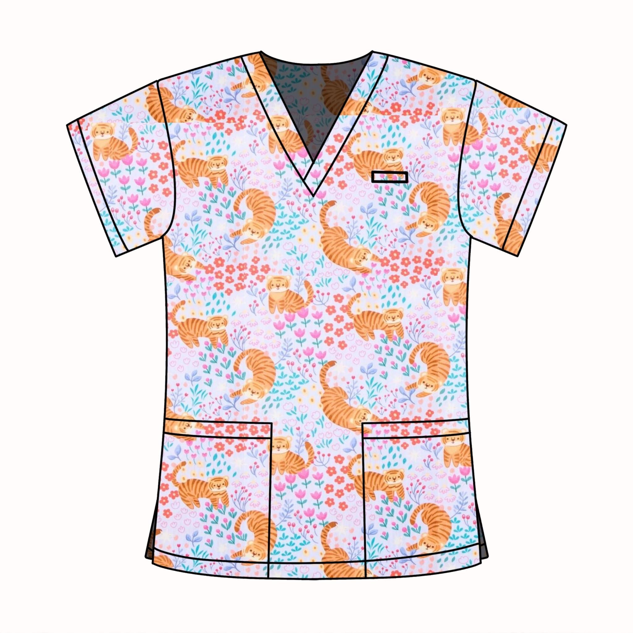 SPRING TIGERS SCRUB TOP