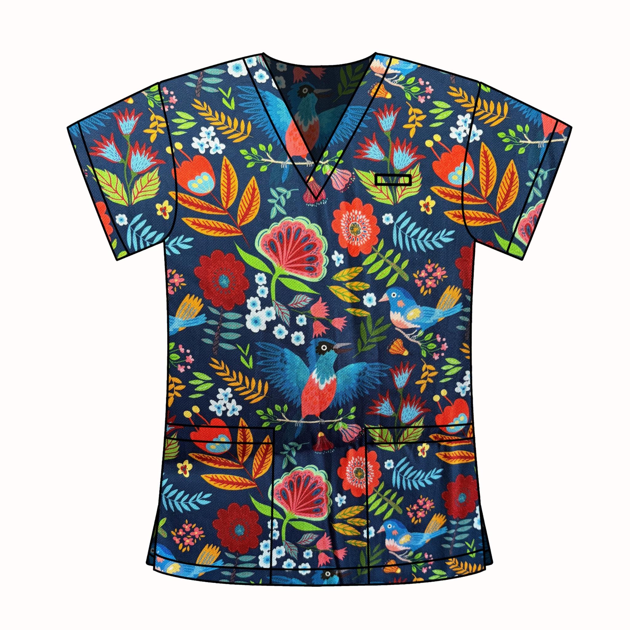 NAVY BIRDS & FLORAL SCRUB TOP
