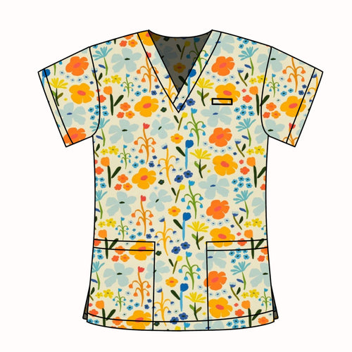 CREAM FLORAL SCRUB TOP