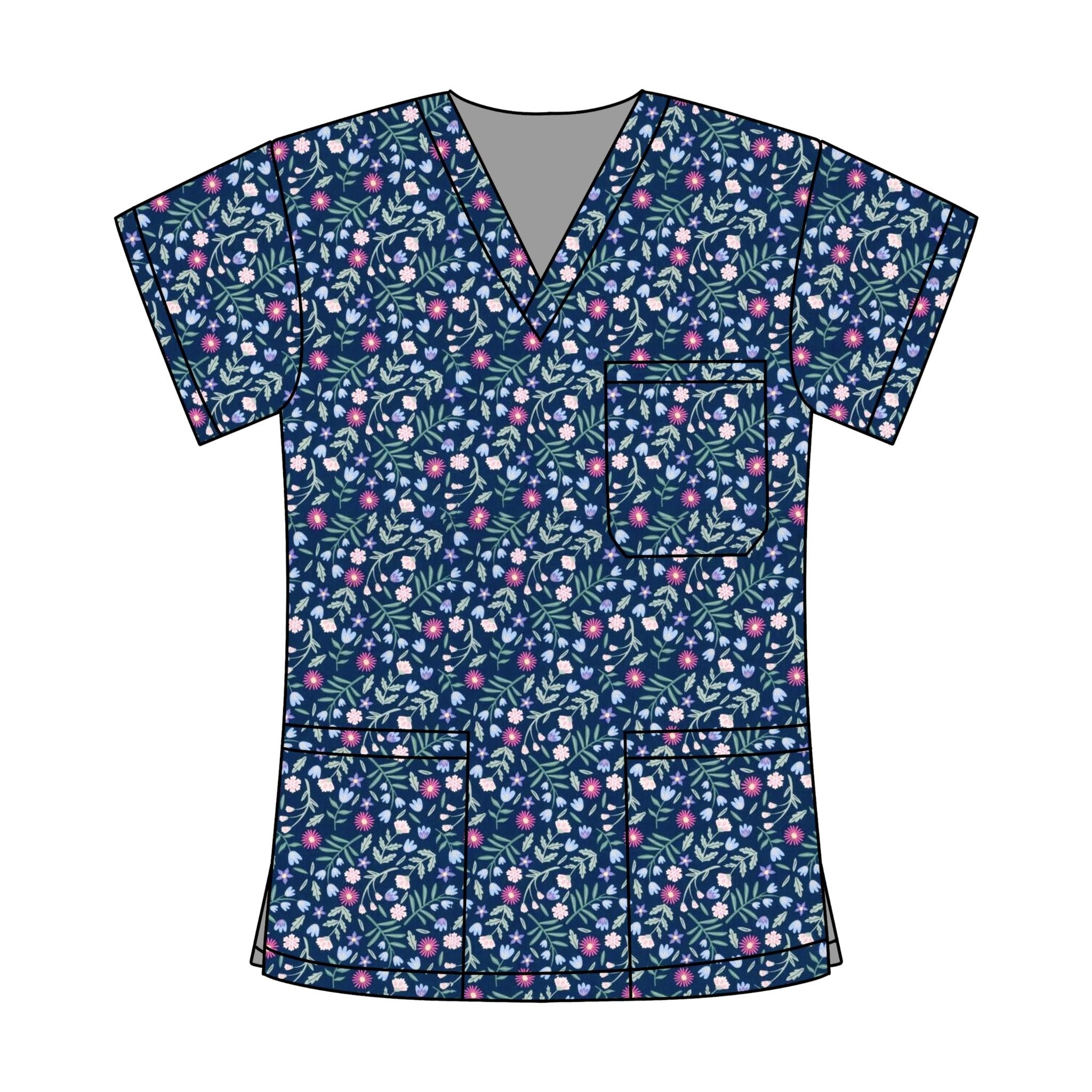 NAVY FLORAL SCRUB TOP