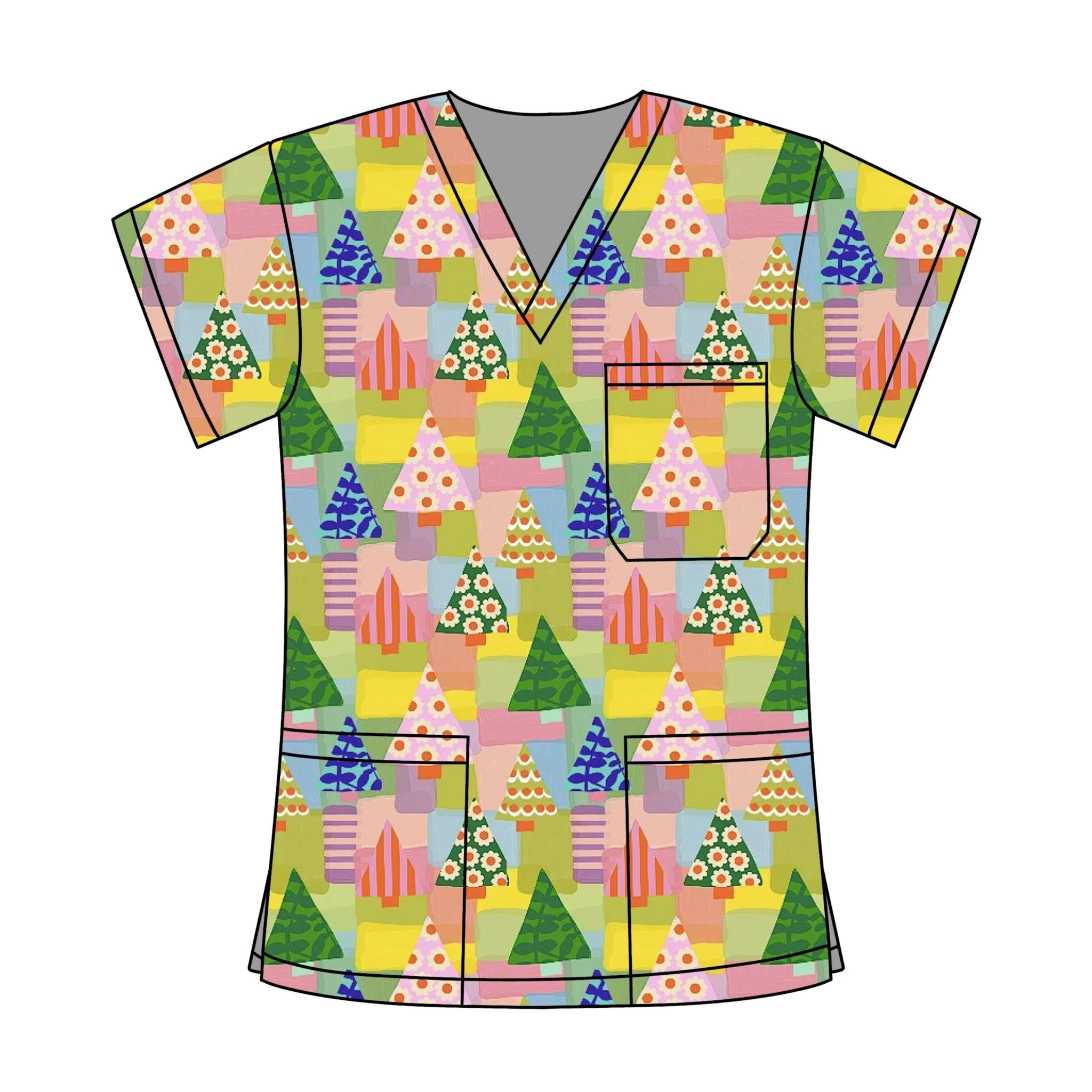 XMAS TREE PATCHWORK SCRUB TOP
