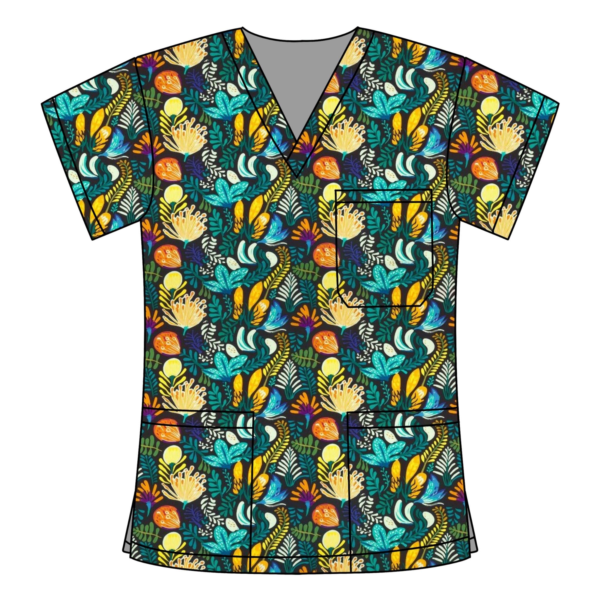 NAVY AUSTRALIANA FLORAL SCRUB TOP