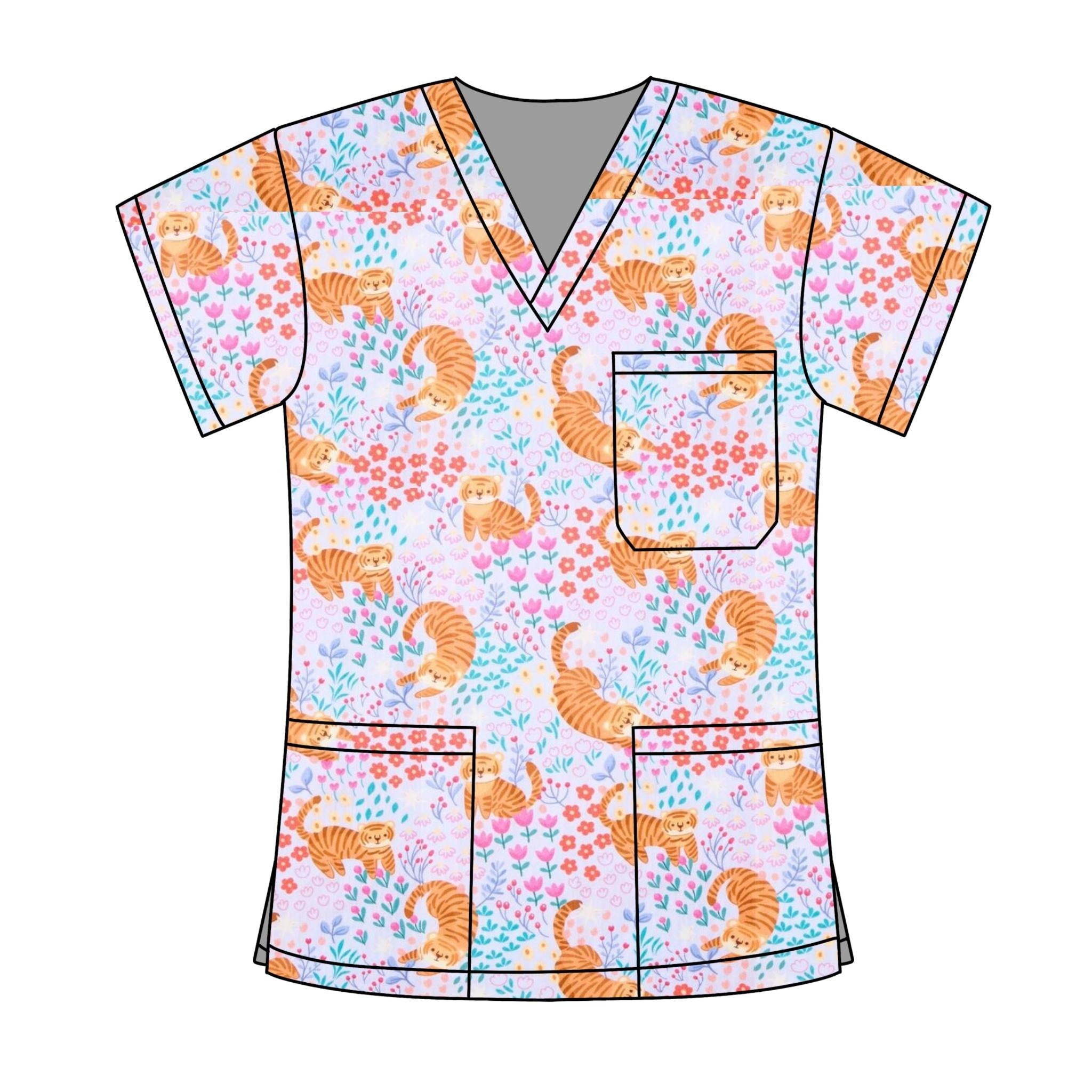 SPRING TIGERS SCRUB TOP
