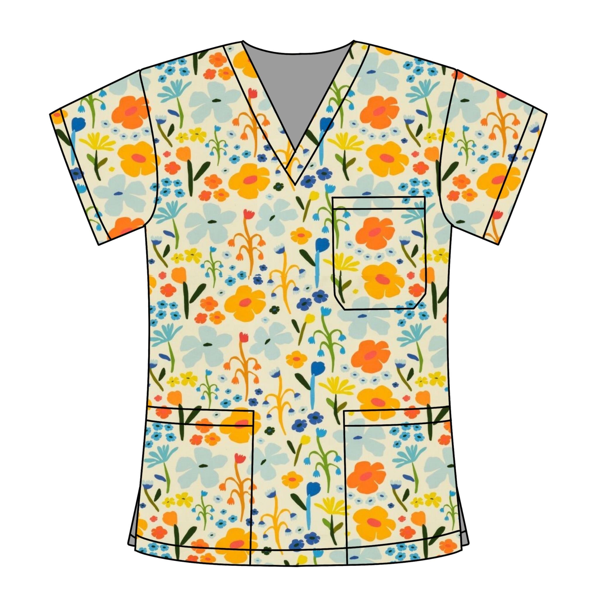 CREAM FLORAL SCRUB TOP