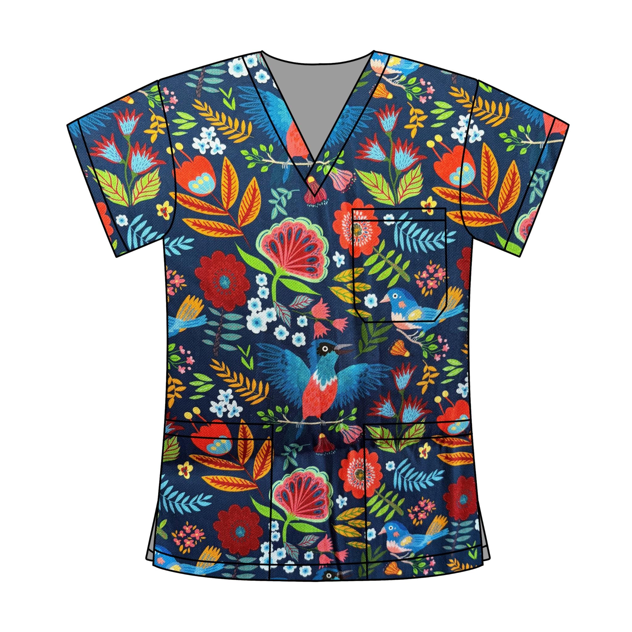 NAVY BIRDS & FLORAL SCRUB TOP