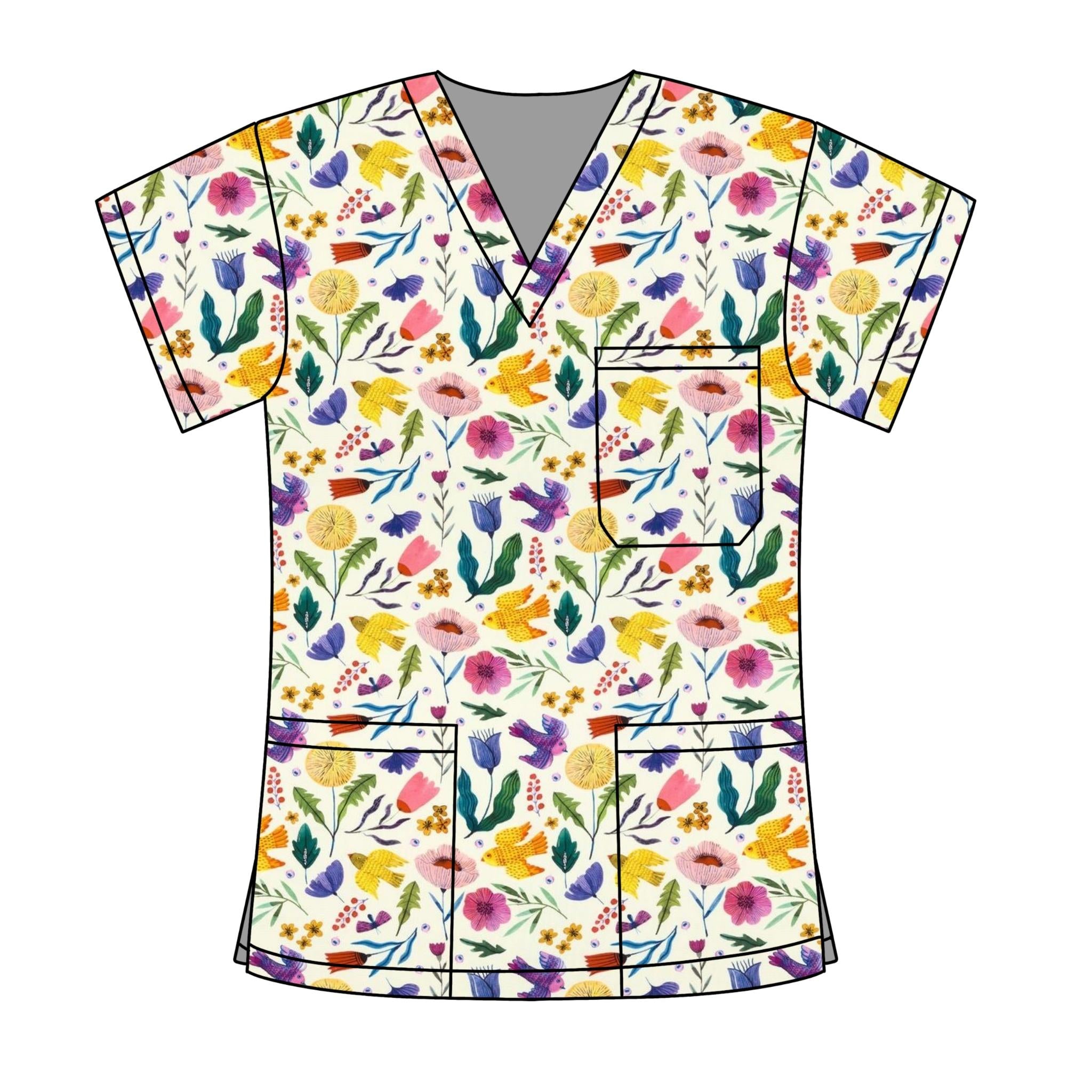 CREAM BIRDS & FLORALS SCRUB TOP