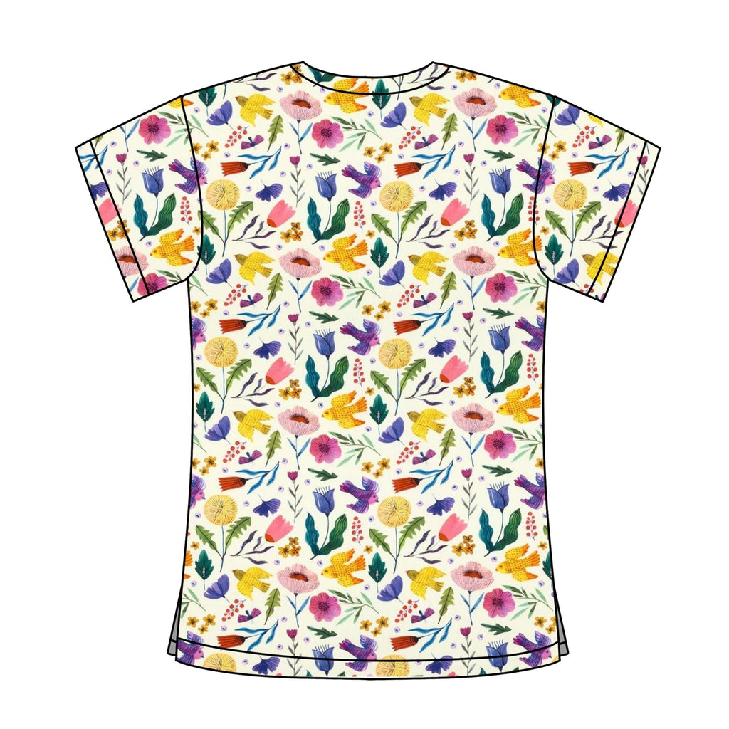 CREAM BIRDS & FLORALS SCRUB TOP