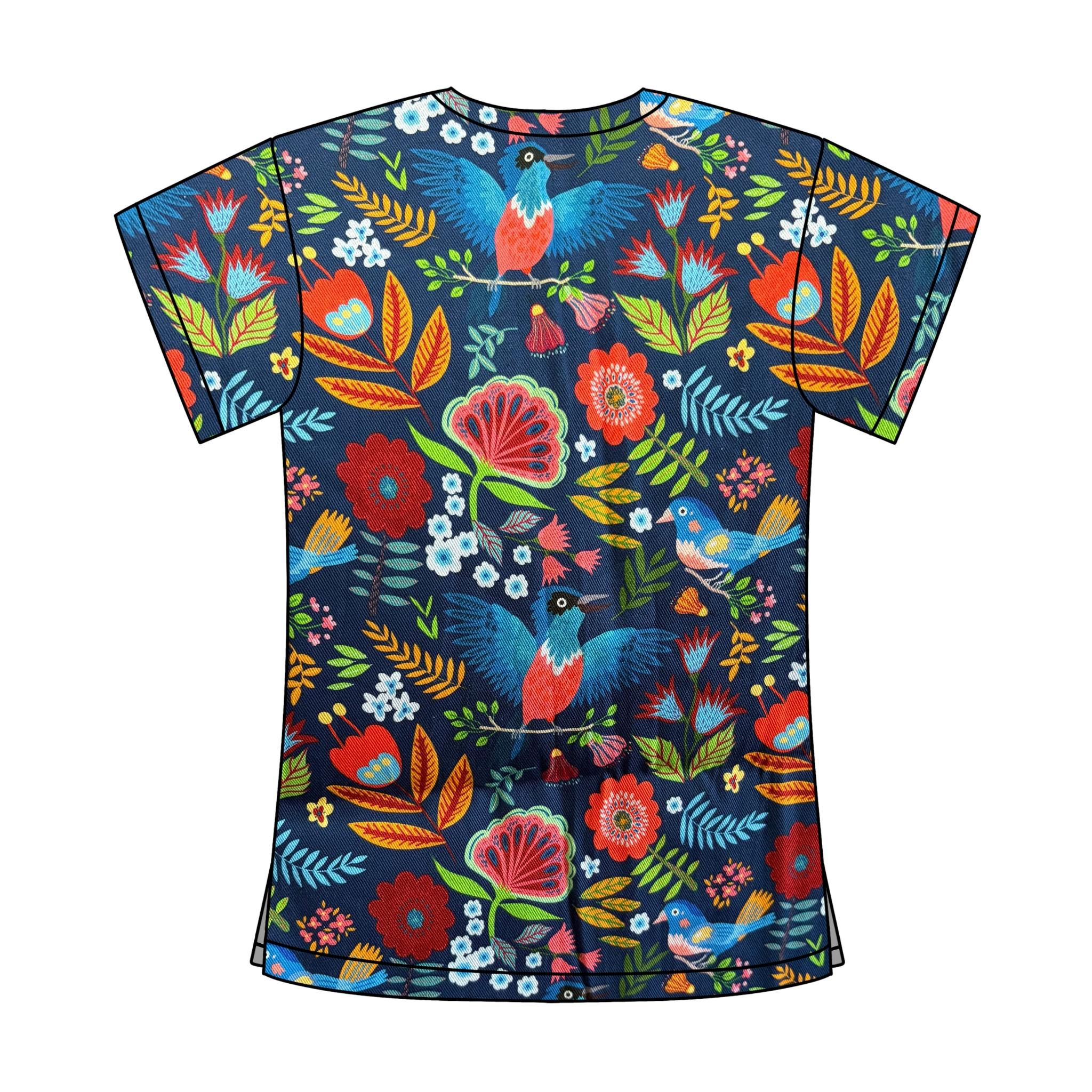NAVY BIRDS & FLORAL SCRUB TOP