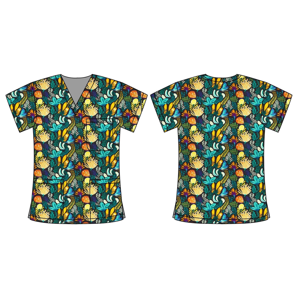 NAVY AUSTRALIANA FLORAL SCRUB TOP