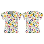 CREAM BIRDS & FLORALS SCRUB TOP