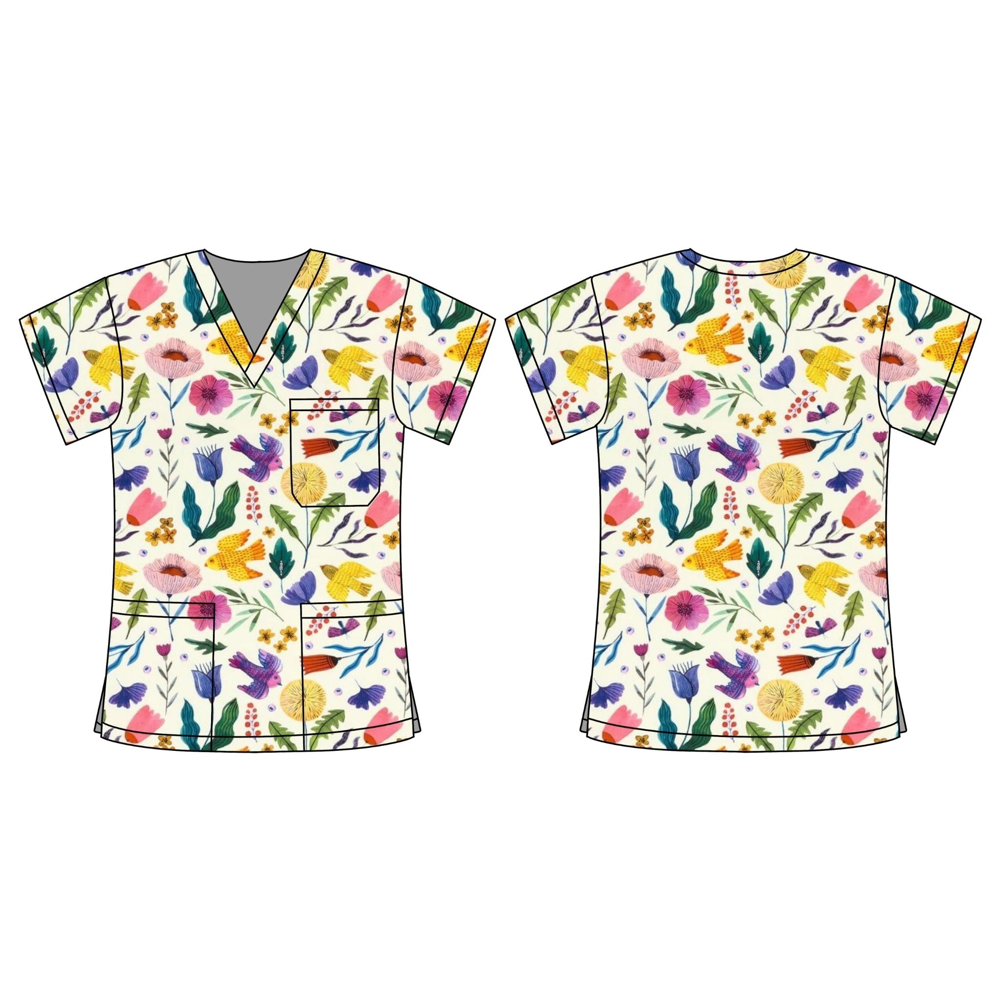 CREAM BIRDS & FLORALS SCRUB TOP