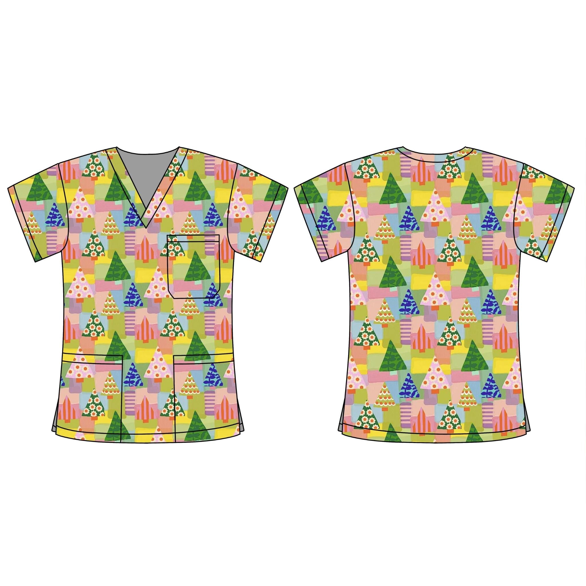 XMAS TREE PATCHWORK SCRUB TOP