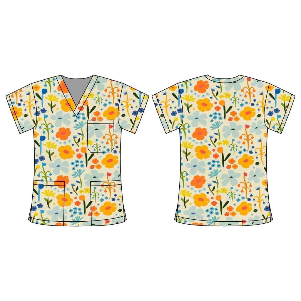 CREAM FLORAL SCRUB TOP