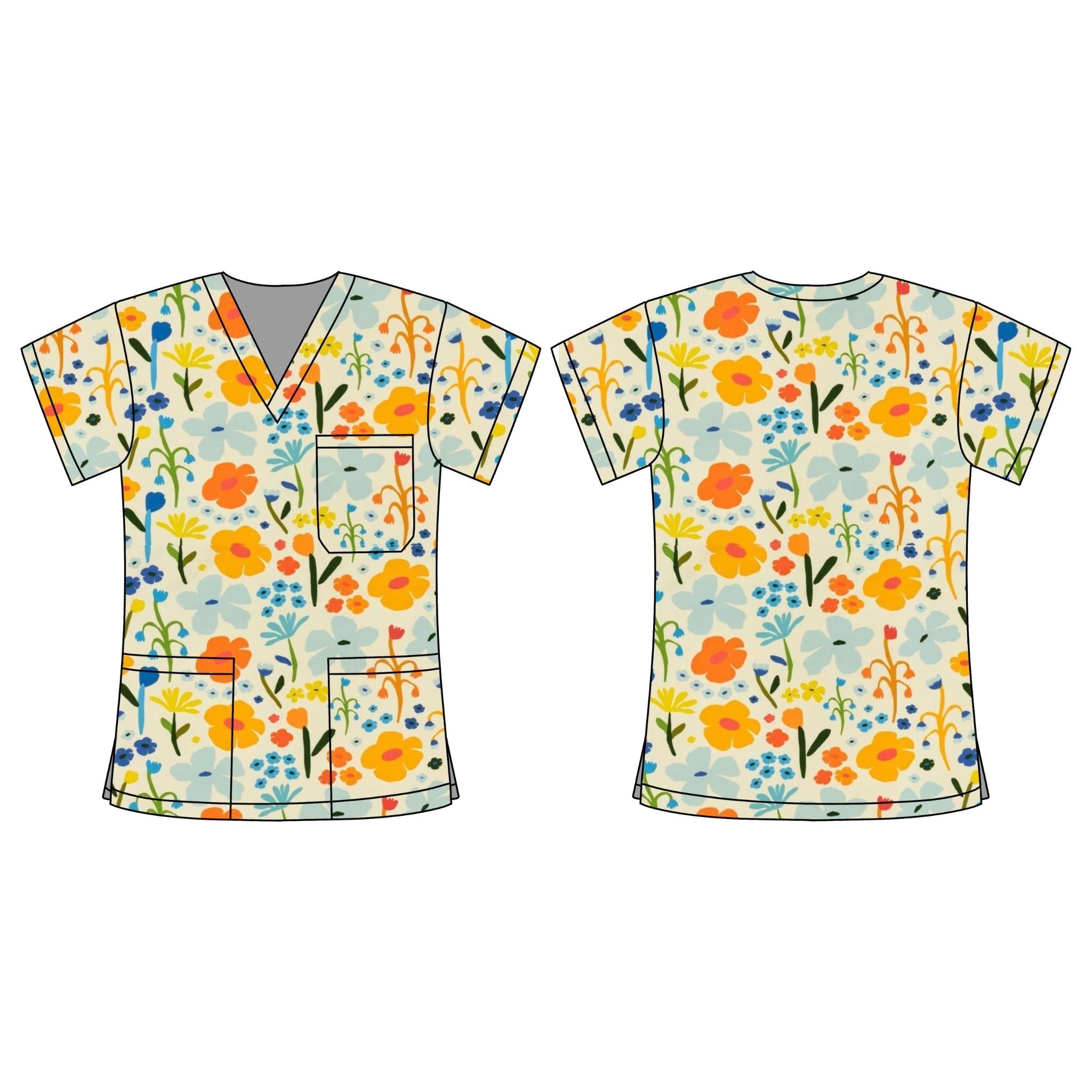 CREAM FLORAL SCRUB TOP