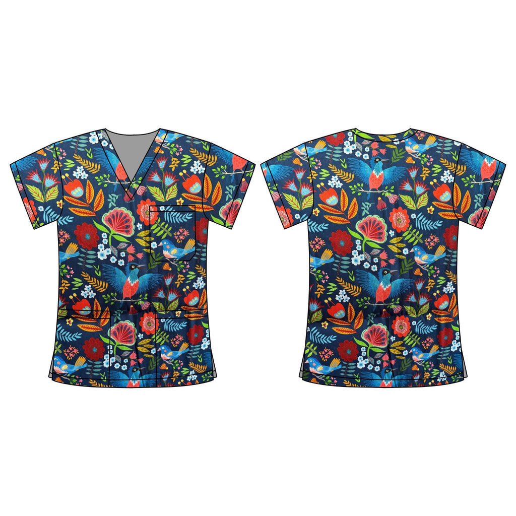 NAVY BIRDS & FLORAL SCRUB TOP