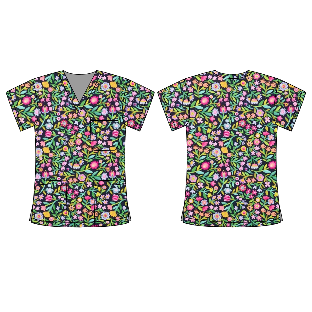 MIDNIGHT FLORALS SCRUB TOP