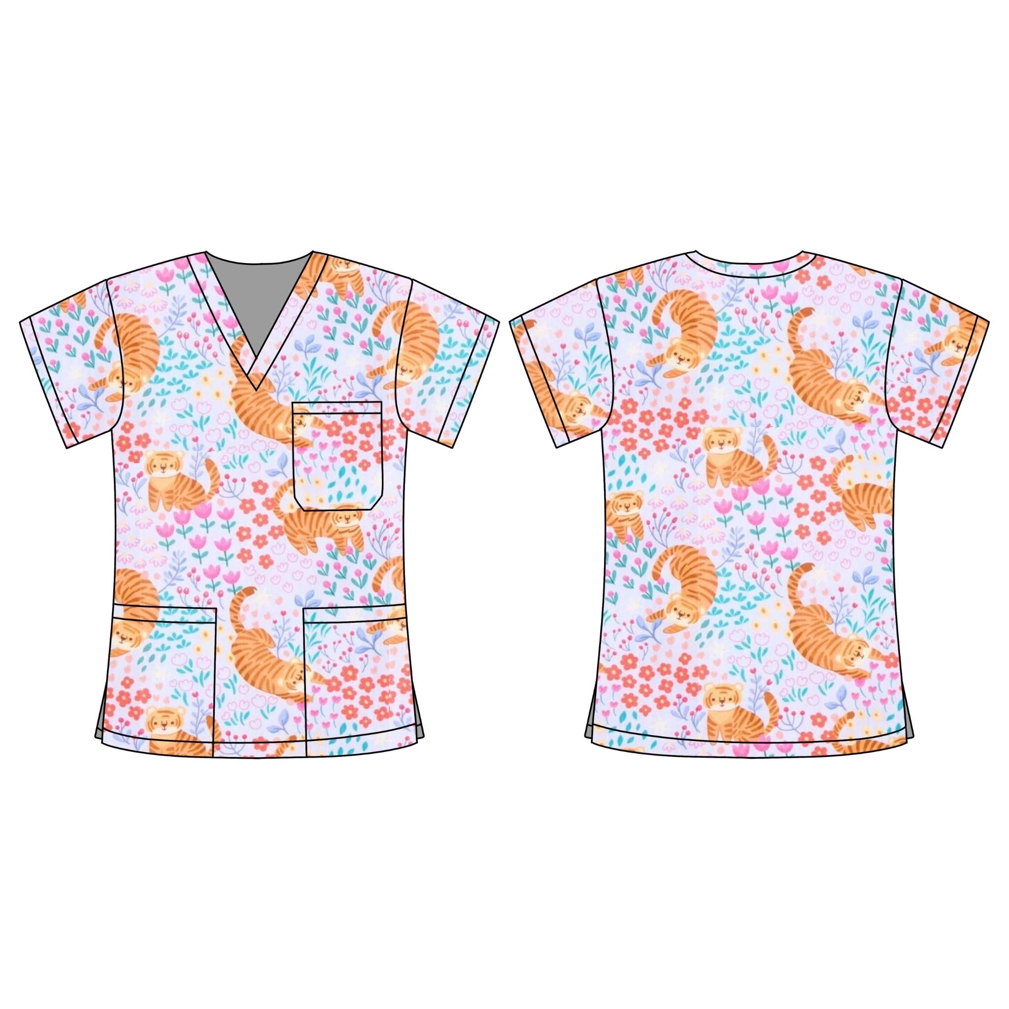 SPRING TIGERS SCRUB TOP