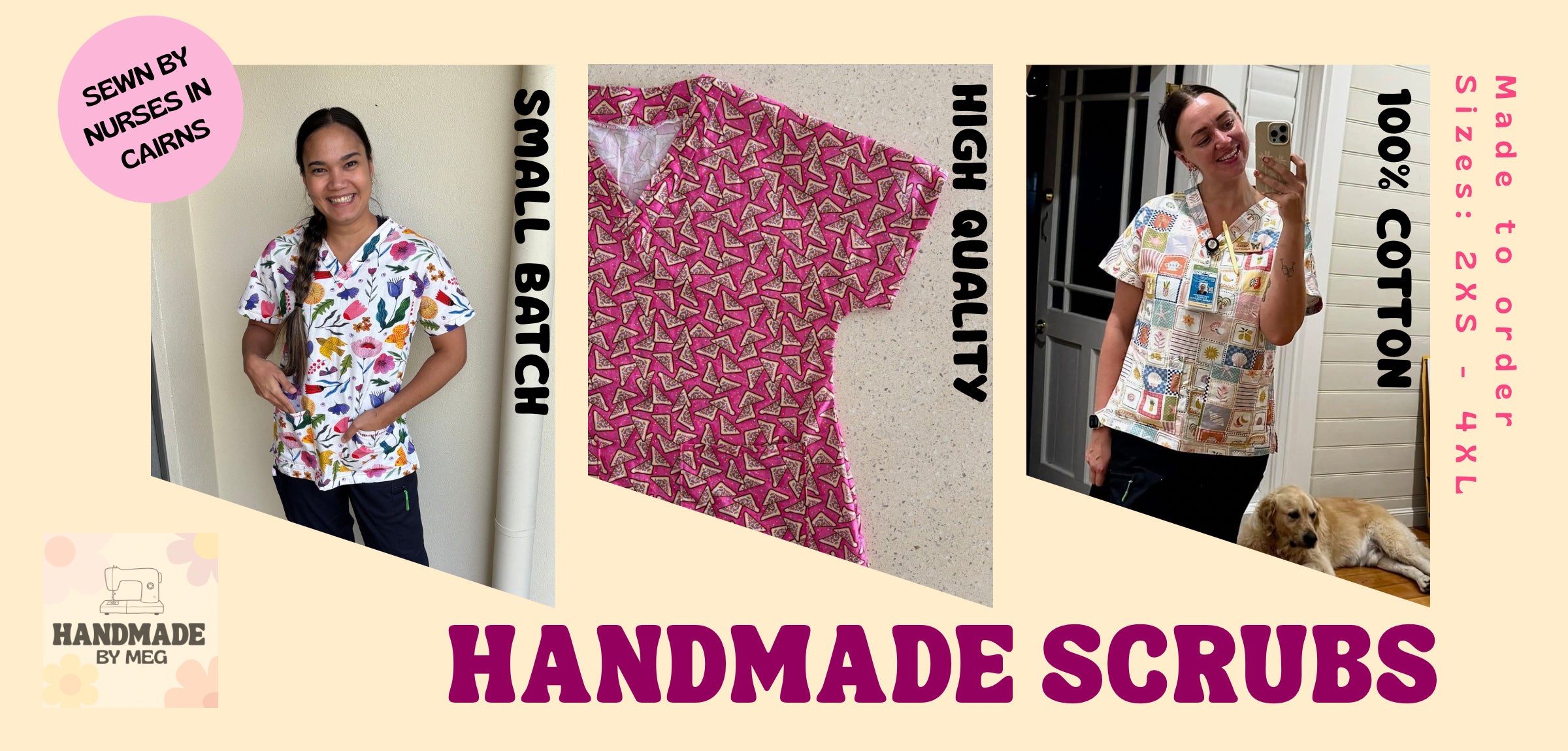 Handmade scrubs with text highlighting quality and customization options.