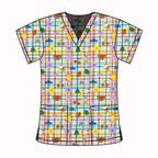 Colourful plaid scrub top with fruit and flower pattern on a white background