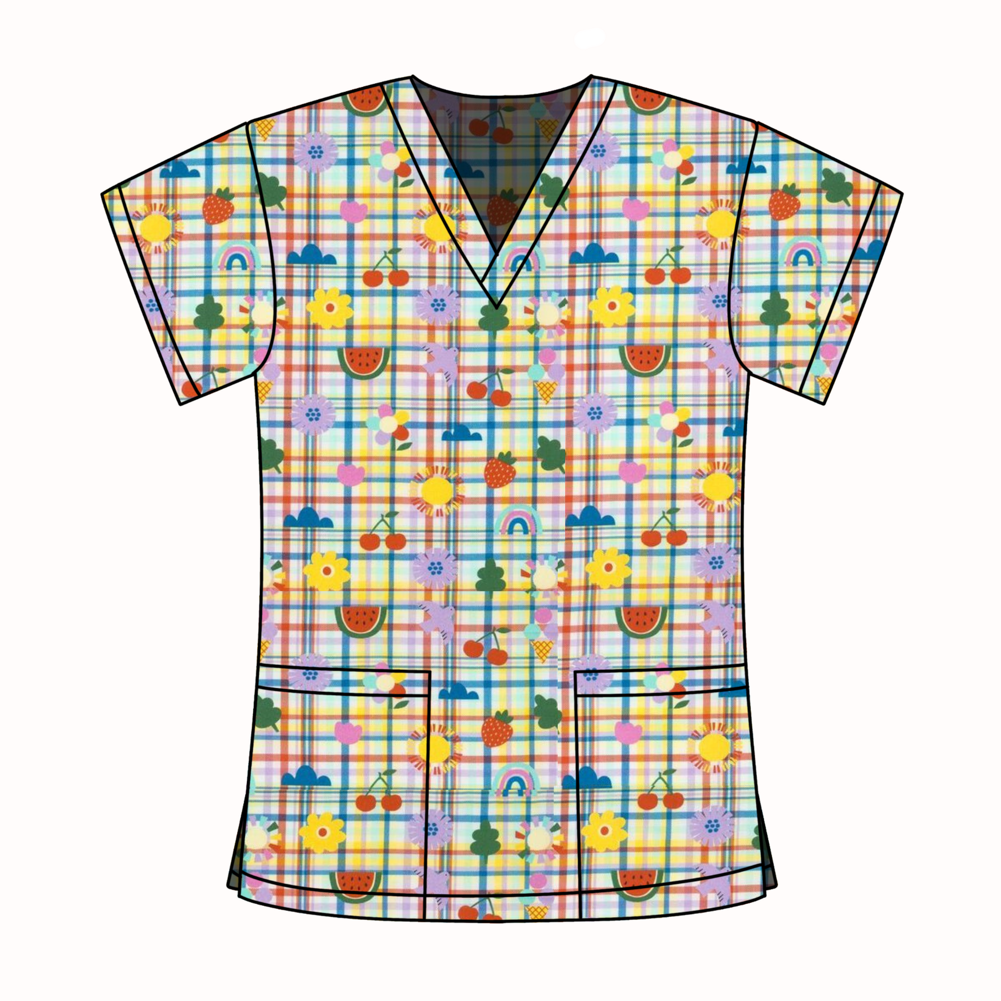 Colourful plaid scrub top with fruit and flower pattern on a white background